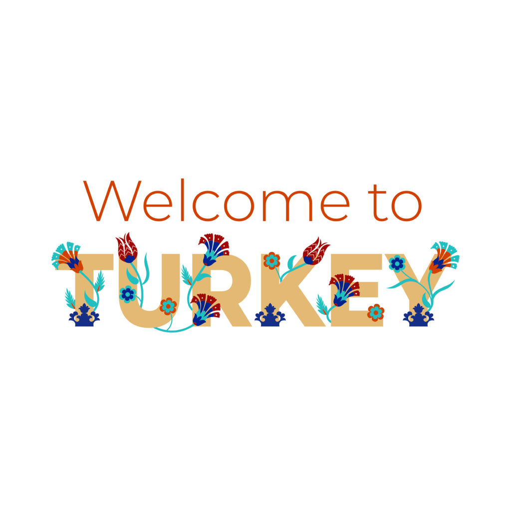 Welcome to Turkey - lettering banner design with Turkish floral motifs. Vector illustration.