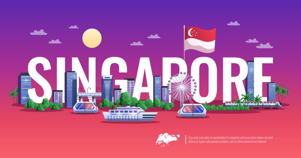 Singapore colorful horizontal illustration of panoramic view with modern buildings ships and vehicles flat vector illustration