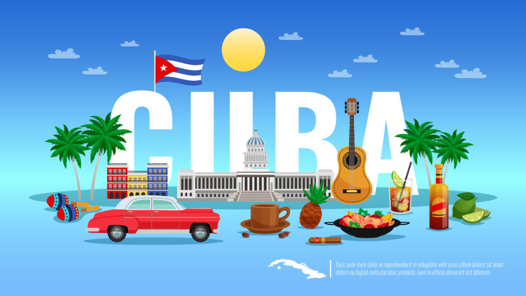 Cuba travel background with resort and holiday symbols flat vector illustration