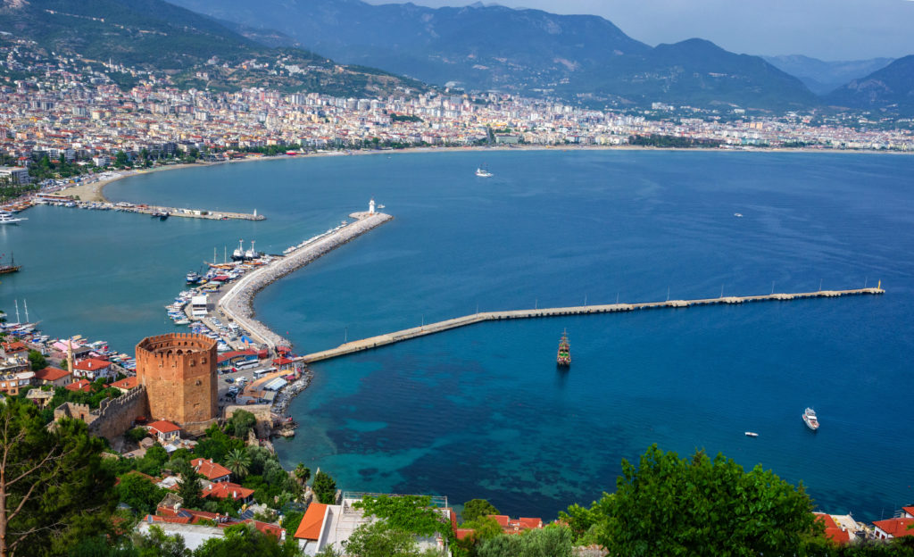 View of Alanya and Kyzil Kule from the Alanya fortress. Turkey