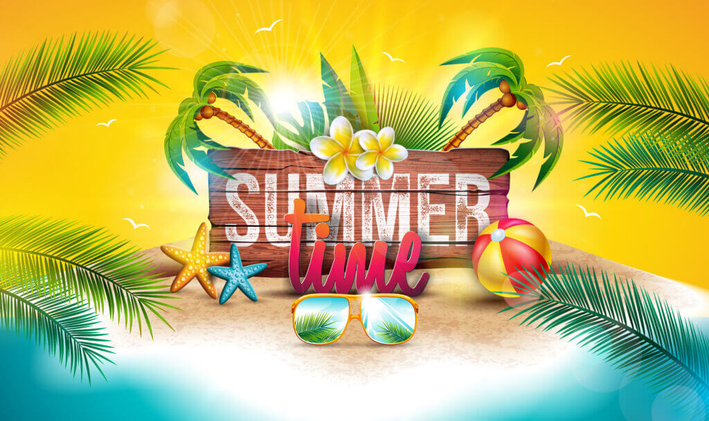 Vector Summer Time Holiday Illustration with Typography Letter on Vintage Wood Board Background. Tropical Plants, Flower, Beach Ball and Sunglasses on Paradise Island for Banner, Party Flyer, Invitation, Brochure, Poster or Greeting Card
